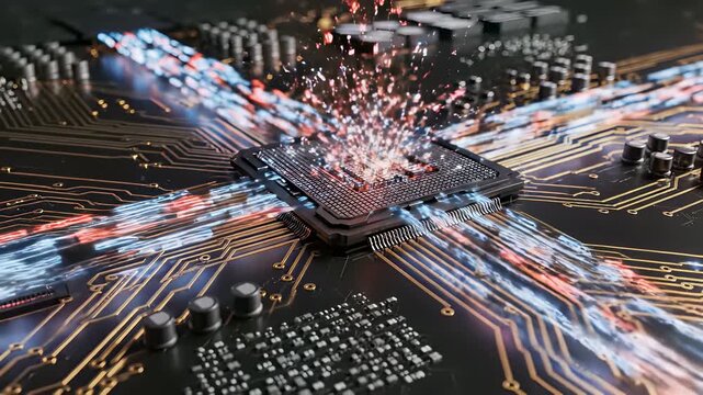 Computer Circuit Board Illuminated with Vibrant Lights Capturing the Pulsating Pace of Modern Data Transfer and Technological Advancement, Perfect for Use as Background or Overlay in Videos.