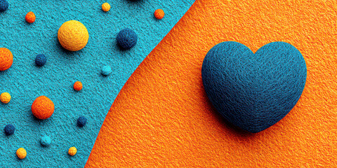 Textured Blue Felt Heart on Vibrant Orange Surface with Teal and Yellow Felt Pom Poms