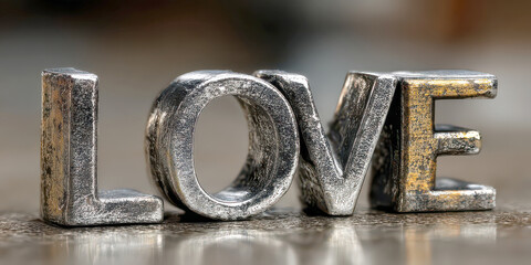 Macro Close-up of Silver and Gold Textured Metal LOVE Letters on a Reflective Surface