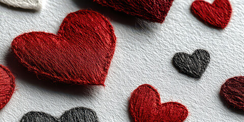 Close-up Scattered Red, Black, and White Thread Heart Shapes on Textured Paper Background