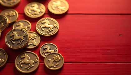Shiny gold coins set on a rich red background, evoking traditional Chinese New Year themes of luck and prosperity