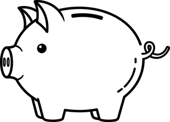 Cute piggy bank line art vector icon, black outline money box illustration isolated on white for finance and savings.