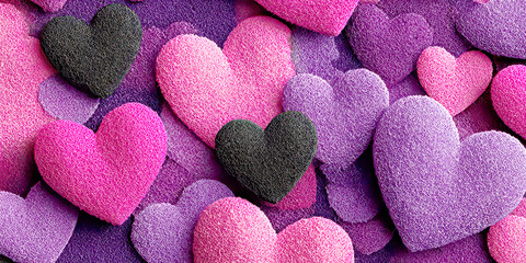 Seamless Background Pattern of Textured Felt Hearts in Shades of Pink, Purple, and Black Colors