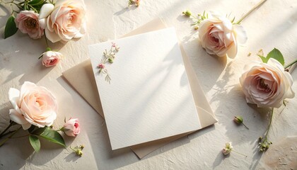 Romantic Wedding Invitation Card Mockup with Floral Accents and Soft Shadows