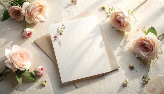 Romantic Wedding Invitation Card Mockup with Floral Accents and Soft Shadows