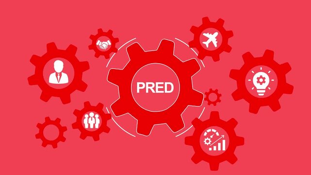Red Gears with Icons Representing Business Concepts and the Word PRED cogwheels strategy