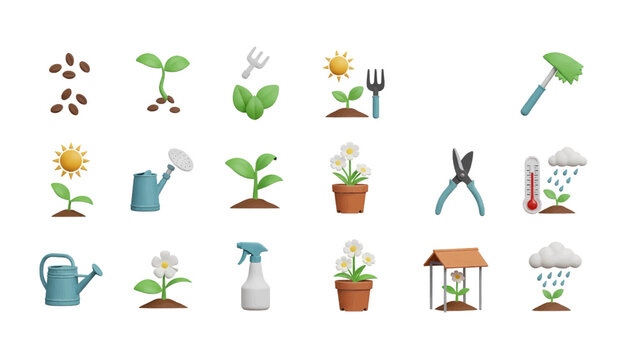 Vector illustration&nbsp;of collection of 3d isometric icon set for gardening and plant growth process isolated on transparent background 
