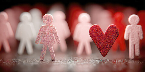 Textured Pink Female Figure and Red Heart Standing Among Blurry Crowd Figures