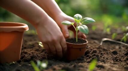 Close-up of hands carefully transplanting a small green seedling from a pot into rich garden soil on a sunny day.