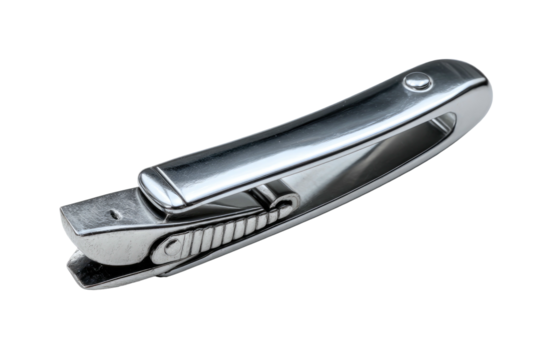 Metal nail clipper with a lever, closed on a black background