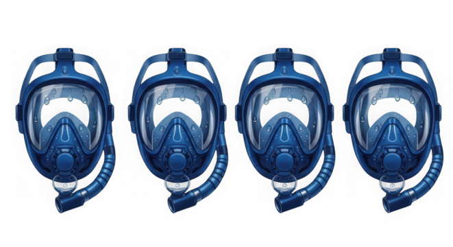 Four blue full face snorkel masks isolated on transparent background for snorkeling