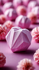 Geometric Pink Faceted Heart Surrounded by Soft Pink Textures and Pom-Poms