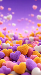 Massive Pile of Textured Orange, Purple, and Pink Hearts with Gradient Background
