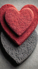 Layered Textured Red and Black Hearts Stacked Vertically with Shadow Detail