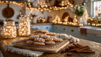 Christmas Cookies with Cinnamon in Festive Kitchen, Homemade Christmas Cookies with Spices, Holiday Cookie Decor in Cozy Kitchen