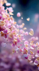 Stream of Floating Pink and Yellow Heart-Shaped Petals Against a Blurry Blue Background