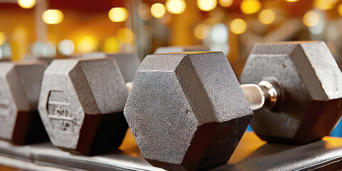 Close-up of Hexagonal Dumbbells on a Rack with Blurred Warm Bokeh Gym Lights