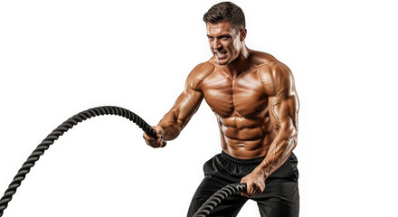 Muscular man training with battle ropes isolated on transparent background
