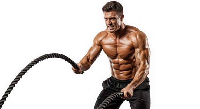 Muscular man training with battle ropes isolated on transparent background