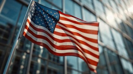 American flag waving proudly in front of a modern glass building on a sunny day. - Powered by Adobe