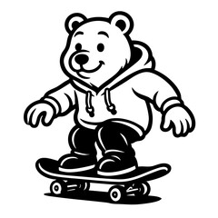 bear wearing an oversized hoodie riding a skateboard, relaxed expression