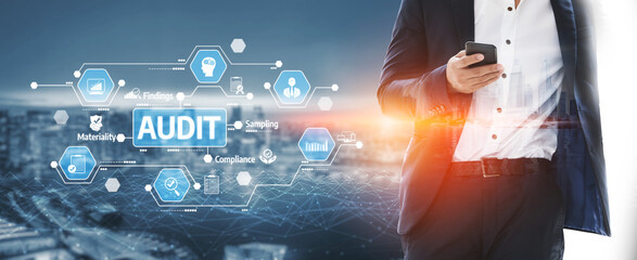 A business auditor reviews compliance requirements on a smartphone, set against a bustling cityscape, representing the intersection of technology and finance. Tessel