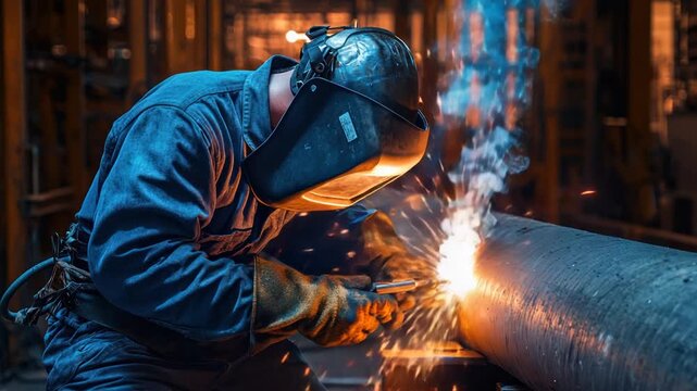 Industrial worker in protective gear, welding a large metal pipe. Intense sparks and smoke fill the air