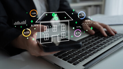 An analysis of real estate mortgage interest rates and the housing market. A concept of property investment, home loans, and finance analytics. Motif
