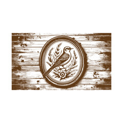 Vintage bird illustration in frame on wooden background isolated on