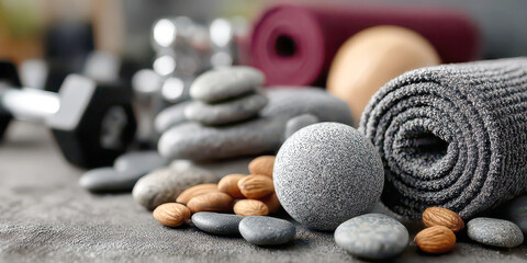 Wellness and fitness essentials with stones, almonds, rolled towel, and gym equipment