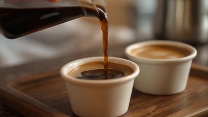 A captivating close-up captures the meticulous process of pouring a rich, dark espresso shot into a pristine white ceramic cup, promising a moment of invigorating flavor