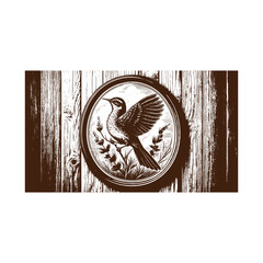 Vintage bird illustration on wooden background isolated on
