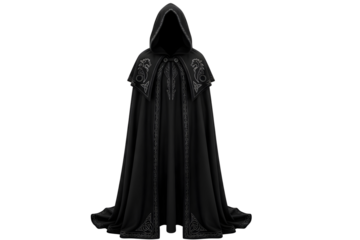 Dramatic black and purple hooded cape isolated on transparent background for fantasy roleplay