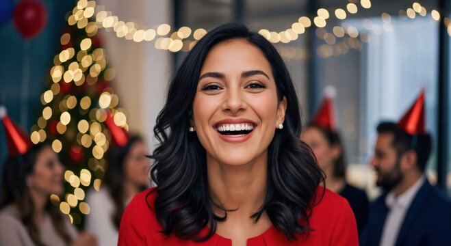 Happy young Hispanic woman smiling broadly at a festive office Christmas party, celebrating holidays with colleagues in a joyful corporate environment.