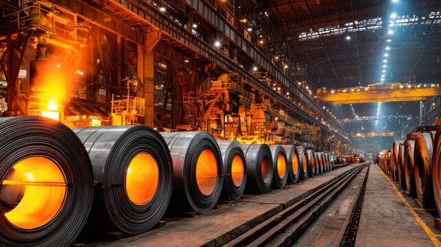 Industrial steel mill interior shows glowing hot metal coils alongside tracks and machinery