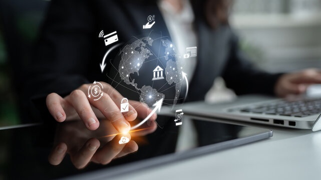 Worldwide digital payment network showing secure financial transactions. Digital payment supports transfer, digital payment ensures security, boosts convenience, drives global finance. Latch - Powered by Adobe