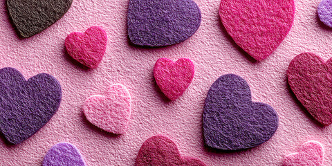 Assortment of fuzzy felt hearts in pink and purple colors scattered on pink background
