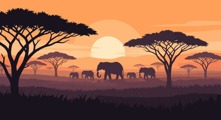 Obraz premium Illustrated African Savannah Landscape with Elephants Silhouette at Warm Sunset