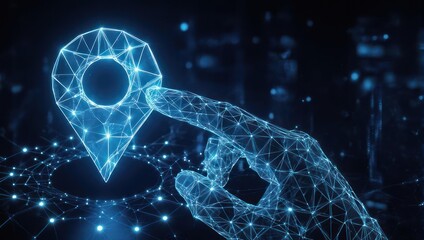 Digital Hand Touching Location Pin in Futuristic Network.