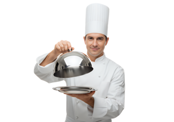 Chef presenting gourmet cuisine with a flourish, promising a culinary experience of exquisite flavors and impeccable service, perfect for food blogging or events.