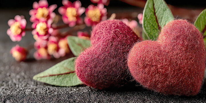 Two fuzzy deep red hearts with green leaves and blurred pink flowers in the background