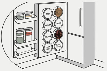 Organized kitchen spices in modern minimalist style, a charming illustration of culinary ingredients for cooking enthusiasts and home organization ideas
