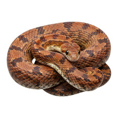 Fototapeta premium Coiled Corn Snake: A captivating corn snake, patterned with striking hues of brown and orange, coiled gracefully, showcasing the reptile's captivating texture and watchful gaze.
