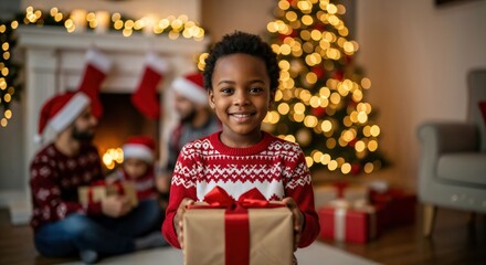 Joyful young African American boy in a red Christmas sweater holding a wrapped gift, smiling brightly in a festive living room with a decorated tree and family in the background
