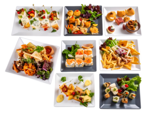 A variety of elegantly presented appetizers and finger foods arranged on stylish serving plates for a sophisticated dining experience