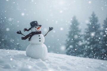 Happy Snowman in Snowy Winter Landscape