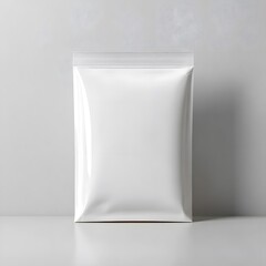 A blank white plastic pouch stands upright on a smooth gray surface.