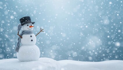 Happy Snowman Waving in Winter Snowfall