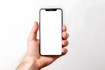 A hand holding a smartphone with a blank white screen.
