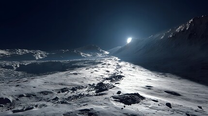 The bright moonlight illuminates a rugged, snowy landscape on a mountainous terrain at night.